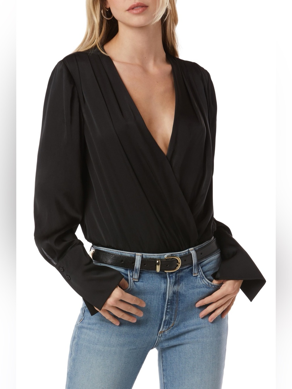 Favorite Daughter Surplice Satin Black Wrap V-Neck Long-Sleeve Bodysuit